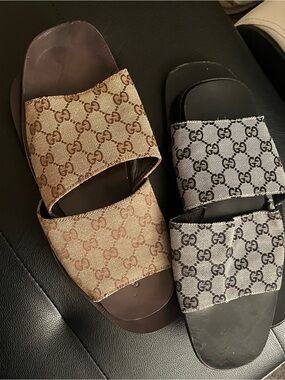 Gucci Double-Strap Monogram Slides in Brown & Black